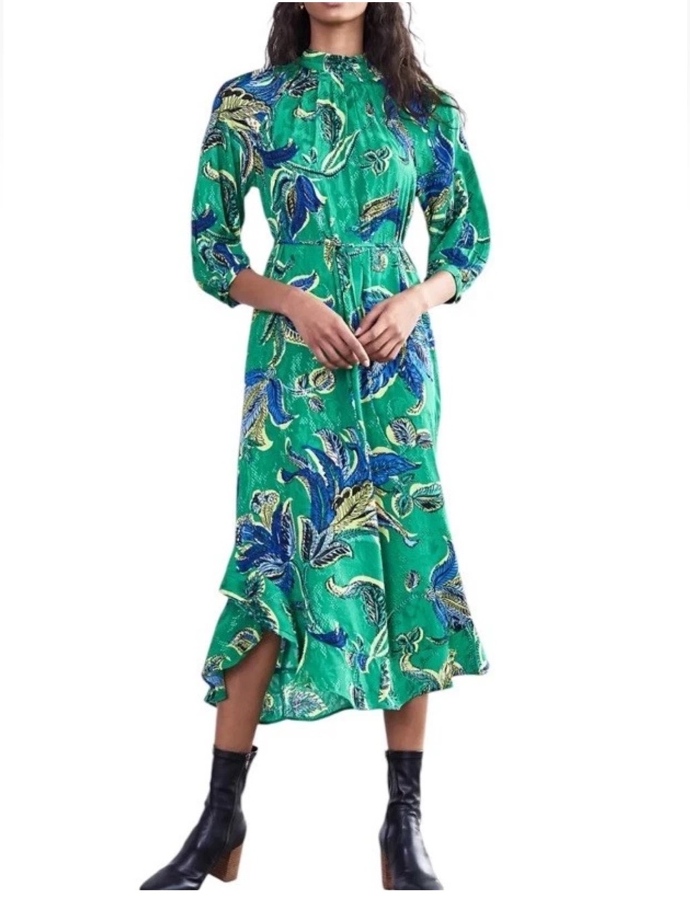 Anthropologie Maeve Jessamine Mock Neck Midi Dress Green Blue Size XS Floral